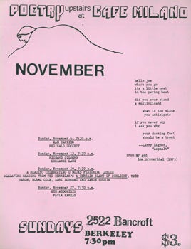 Item #63-1721 Poetry Upstairs At The Cafe Milano, November(1988). Cafe Milano, Larry Eigner, CA...