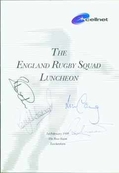 Item #63-2325 The England Rugby Squad Luncheon Menu, 1st February, 1995. Original Autographs by...