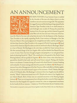 Item #63-2535 An Announcement. This Broadside Is Composed in Sixteen-Point Cloister Lightface by...