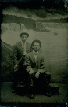 Item #63-2566 Glass Plate Photograph. Two Seated Subjects Appear to be before a mural of Niagara Falls. 19th Century North American Photographer.