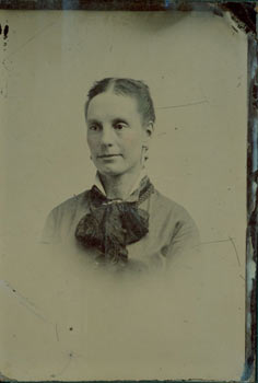 Item #63-2650 Glass Plate Negative, Woman in formal portrait, hair split down middle, dark scarf tied at collar, earrings. 19th Century American Photographer.