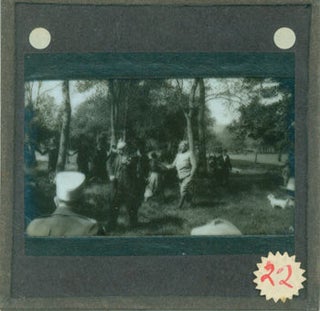 Item #63-2744 Glass Plate Negative depicting man playing fiddle in a meadow, surrounded by an...