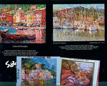 Marco Sassone; Soma Press (San Francisco) - Sassone Promotional Dossier. Contains: 4 Pages of Sassone Rare Sold out Editions; 14 Promotional Flyers for Sassone Serigraphs Published by Soma Press; Two Color Photographs of Sassone Paintings