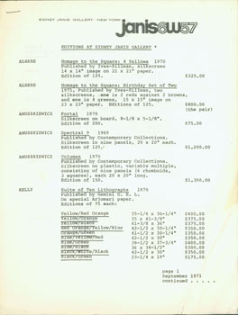 Item #63-2851 Editions At Sidney Janis Gallery. September 1971 Price List. Sidney Janis Gallery,...