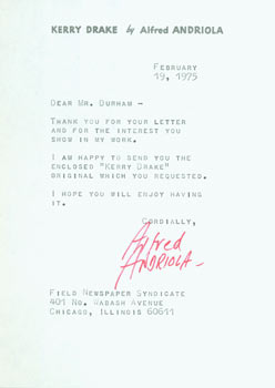 Item #63-3204 TLS with Original Autograph signed by Alfred Andriola, Cartoonist of syndicated comic strip Kerry Drake. Letter dated February 19, 1975. Alfred Andriola.