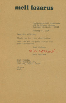 Item #63-3229 TLS with Original Autograph signed by Mell Lazarus, Cartoonist known for work on Miss Peach. Letter dated January 4, 1974. Mell Lazarus.