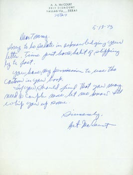 Art A. McCourt - Ms with Original Autograph Signed by Art A. Mccourt, Magazine Cartoonist. Letter Dated May 13, 1973