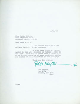 Bob Naylor - Typed Letter Signed with Original Autograph by Bob Naylor, Cartoonist Who Drew Big Sister. Dated December 14, 1974
