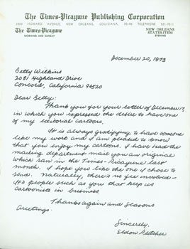 Eldon Pletcher - Manuscript Letter Signed with Original Autograph by Eldon Pletcher, Editorial Cartoonist. Dated December 20, 1973