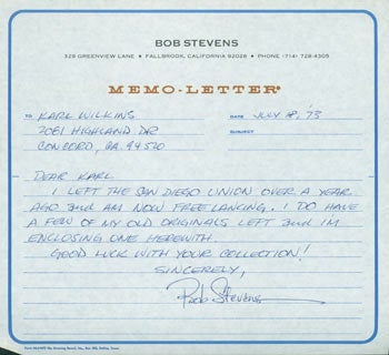 Bob Stevens - Mls with Original Autograph by Bob Stevens, Editorial Cartoonist. July 18, 1973