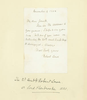 Item #63-3723 ALS by Right Hon. Robert Lowe: 9 December, 1868. Viscount Sherbrooke Right Hon....