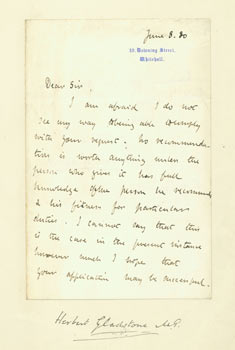 Item #63-3734 ALS Herbert John Gladstone, June 8, 1880. Sent from 10 Downing Street, Whitehall....