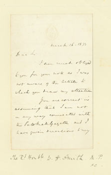 Item #63-3742 ALS The Right Hon. W. H. Smith, M.P., March 26, 1873, to Rev. F. G. Lee. M. P. The...