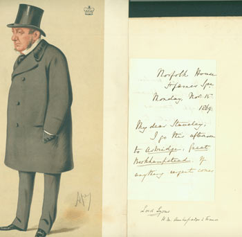 Item #63-3750 Collection of material related to Lord Lyons: chromolithograph and letter with original autograph by Lord Lyons. 1st Earl Lyons Richard Bickerton Pemell Lyons, Vanity Fair, London.