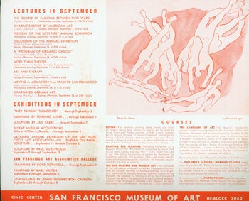 Item #63-3776 San Francisco Museum of Art Brochure. Lectures in September, Exhibitions in September, Courses. San Francisco Museum of Art.