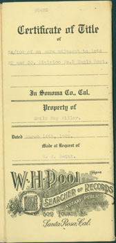 W. H. Pool (Santa Rosa, CA); County of Sonoma; State of California - Certificate of Title, Property of Emily May Miller, Dated March 14th, 1922, Made at Request of W.S. Smith