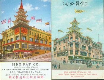 Item #63-3794 Two Vintage SF Chinatown Post Cards. Sing Fat Co. Leading Chinese Bazaar. Sing Chong Company. Both at the corner of Grant & California in San Francisco's China Town. San Francisco, CA Los Angeles, Pacific Novelty Co., Britton, Rey, lith. SF.