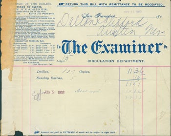 Item #63-3812 Bill from the San Francisco Examiner Circulation Department, May 31, 1903. San Francisco Examiner.