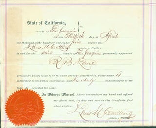 Item #63-3814 Deed of Sale, R. B. Lane to F. J. Huggins, April 30, 1885. State of California San...