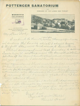 Item #63-3823 ALS Uncle Frank to Rudy, dated Oct, 5, 1915. Pottenger Sanatorium For Diseases of...