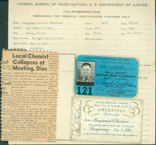 Item #63-3831 Benjamin Franklin Scribner material: photo ID, Royal Arch Mason's card, FBI Civil...