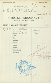 Item #63-3834 Receipt from the Hotel Argonaut, Fourth & Market (San Francisco, CA) paid by Col....