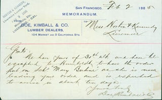 Item #63-3843 Memorandum: Receipt Involving Purchase of Lumber, from Doe, Kimball & Co. Feb. 2,...