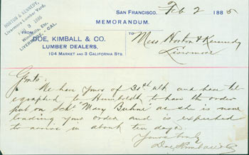 Item #63-3843 Memorandum: Receipt Involving Purchase of Lumber, from Doe, Kimball & Co. Feb. 2, 1885. Horton, Kennedy Lumber Yard, Kimball Doe, Co, California Livermore.