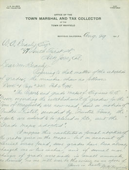 Item #63-3851 MLS W. H. Myrick to W. A. Beasly of San Jose, CA, August 29, 1911. Office of the...