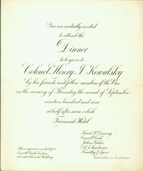 Item #63-3864 You Are Cordially Invited To Attend the Dinner to be Given to Colonel Henry I....