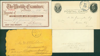 Item #63-3865 Postal Miscellania 1893-1905. Receipt of Payment for the SF Weekly Examiner, February 4, 1893; Post Card Sent from Independence, CA to H.M. Yerrington of Carson City, NV; used envelope sent to Miss Miller of Brooklyn, NY; used postmarked envelope since to Mr. H. B. Sheldon of Suisun City, CA. Weekly Examiner, San Francisco.