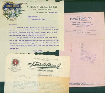 Garrison Brothers (Forest Hill, CA) - Three Pieces of Business Correspondence Send to the Garrison Brothers of Forest Hill, Ca. Letters from Kimball Upson Co. , Mebius & Drescher Co. & Tong Sung Co. , All Businesses Located in Sacramento, Ca