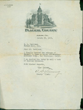 Item #63-3872 Typed Letter Signed by A. S. Fleming, Clerk of Placer County to E. A. Garrison,...
