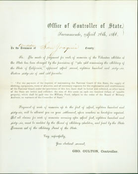 Item #63-3884 To The Auditor of San Joaquin County. April 26th, 1866. Office of Controller of...