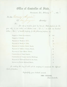 Item #63-3885 To The County Auditor of San Joaquin County. February 20th, 1867. Office of...