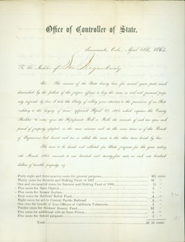 Item #63-3887 To The Auditor of San Joaquin County. April 11, 1864. Office of Controller of State...