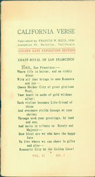 Item #63-3902 California Verse. Vol. II, No. 1. Golden Gate Exposition Edition. Francis W. Reid,...