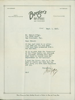 Item #63-3907 TLS Sam Berger to Edward O'Day, Sept. 1, 1917. Letter sent from Sam Berger, owner of Berger's, Clothing for Men and Young Men, 856 Market, in San Francisco. Edward O'Day, Sam Berger, San Francisco.