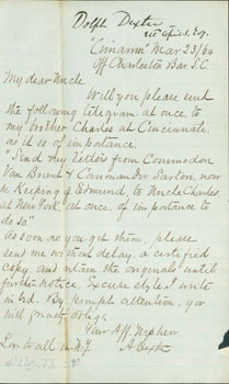 Item #63-3942 Hand written letter dated March 23, 1864, Adolph Dexter to his uncle in NY. Adolph...