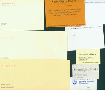 Item #63-3950 Business Cards, Envelopes and Labels with Serendipity Books logos. Peter Howard, Serendipity Books, CA. Berkeley.