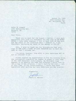 Item #63-3953 Typed letter with original autograph by book collector Jerry D. Melton, addressed...