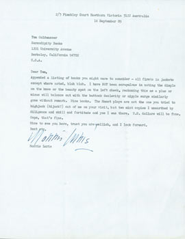 Item #63-3955 Typed letter with original autograph by Morris Lurie, addressed to Tom Goldwasser, of Serendipity Books, Berkeley, CA. Inquiry regarding David Mamet and other book collecting matters. 14 September 1989. Morris Lurie, Tom Goldwasser, Victoria Hawthorn, Australia, Serendipity Books.