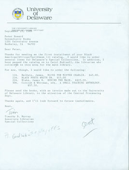 Item #63-3956 Typed letter with original autograph by Timothy D. Murray of University of Delaware...