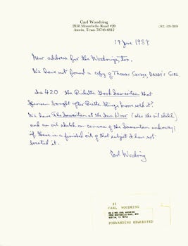 Item #63-3958 Hand-written letter with original autograph by collector, professor and author Carl Woodring, addressed to Peter Howard, of Serendipity Books, Berkeley, CA. Carl Woodring, Peter Howard, Serendipity Books.