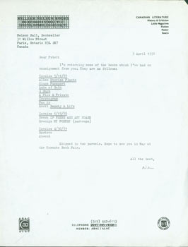 Item #63-3962 Typed letter with original autograph by [Nelson Ball, Bookseller, Paris, Ontario],...