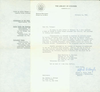 Item #63-3976 TLS Alfred D. Hagle to George J. Firmage, February 14, 1962. Regarding Braille editions of Dylan Thomas. Alfred D. Hagle, George J. Firmage, Washington Library of Congress, DC, New York.