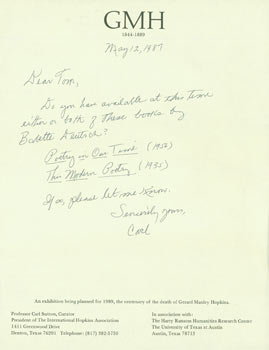 Item #63-3978 ALS Carl Sutton to Tom Goldwasser, May 12, 1987. Inquiry regarding books related to the Gerard Manley Hopkins exhibition being planned for the Harry Ransom Center in 1989. Carl Sutton, Tom Goldwasser, Dallas International Hopkins Association, TX, Berkeley Serendipity Books, CA.