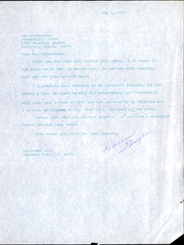 Item #63-3982 TLS Patricia Shroyer to Tom Goldwasser, May 1, 1984. Inquiry regarding her late...