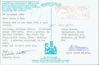 Item #63-3995 Post Card TLS Charles Watts to Peter Howard & Tom Goldwasser, November 28, 1986....