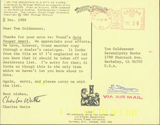 Item #63-3996 Post Card TLS Charles Watts to Peter Howard & Tom Goldwasser, December 8, 1986....
